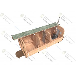 Баня-бочка из кедра квадратная длиной 5,5 метров с козырьком
